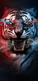 Fierce tiger with colorful smoke effects on a dark background.