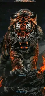 Fierce tiger moving forward with fiery background.