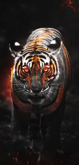 Fierce tiger with fiery background in dark tones for mobile wallpaper.