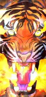 Fierce tiger face emerging from bright fiery flames.