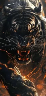 Fierce digital tiger with flame accents in dramatic focus.