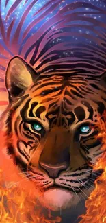 Fierce tiger with flames and cosmic backdrop mobile wallpaper.