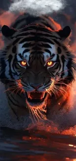 Fiery tiger emerging through flames in dynamic wallpaper.