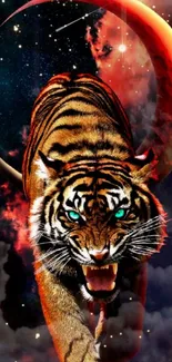 Fierce tiger in a cosmic galaxy setting with a crescent moon.