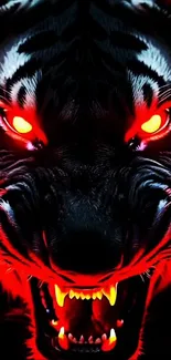 Fierce tiger with glowing red eyes in digital art.