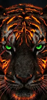 Fierce tiger with glowing green eyes and fiery accents on a dark background.