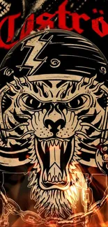 Fiery tiger with spiked helmet artwork.