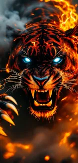 Fiery tiger with glowing eyes and flames, dynamic wallpaper design.