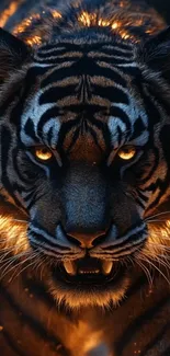 Fiery glowing tiger with intense gaze