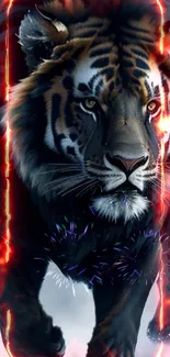 Fierce tiger engulfed in fiery flames, with a powerful and dynamic presence.