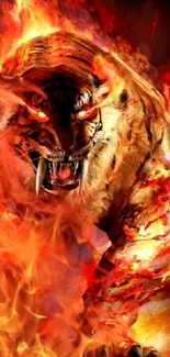 Fiery tiger in vibrant flames wallpaper for mobile.