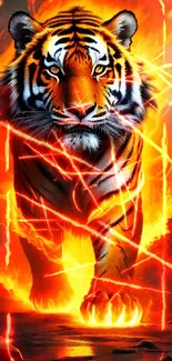 Tiger in a fiery landscape with dramatic flames.