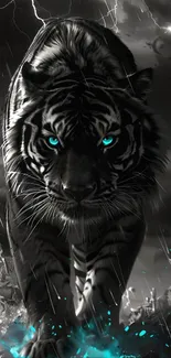 Fierce tiger with glowing blue eyes in a stormy setting.