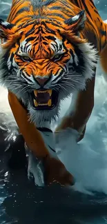 Fierce tiger running through water in dynamic nature scene.