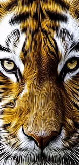 Close-up of a tiger face with vibrant golden and black stripes, intense gaze.