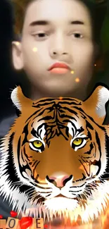 Mobile wallpaper with fierce tiger design and love text.