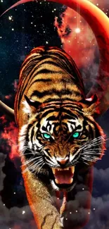 Fierce tiger with glowing eyes and crescent moon in a cosmic night scene.