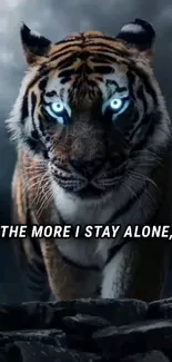 Fierce blue-eyed tiger with quote on dramatic dark background.