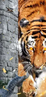 Fierce tiger with glowing eyes in fantasy scene.