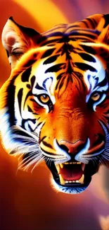 Fierce tiger with vibrant fiery background for mobile wallpaper.