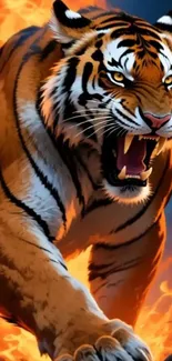 Roaring tiger surrounded by flames.