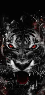 Fierce tiger artwork with red eyes on a black background for mobile wallpaper.