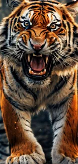 Close-up of a roaring tiger with vibrant orange and black stripes.