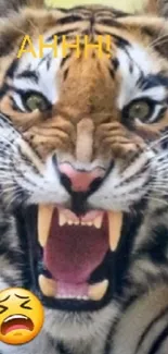 Fierce roaring tiger with an expressive emoji overlay.