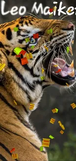 Fierce tiger roaring with colorful confetti around it.