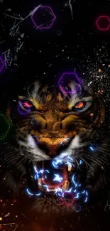 Fierce roaring tiger with dark background and fiery elements.