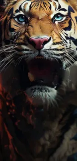 Fierce tiger roaring in digital wallpaper art.