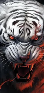 Fierce white tiger with red eyes roaring, vivid colors emphasize its power.