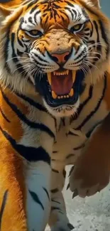 Fierce tiger roaring in jungle wallpaper.