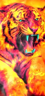 Roaring tiger with vibrant colors in an intense mobile wallpaper.