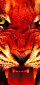 Fierce tiger roaring with vibrant orange hues on mobile wallpaper.