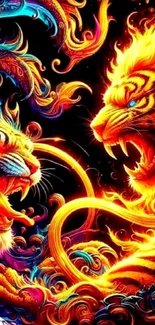 Dynamic artistic wallpaper of colorful tigers in a fierce showdown.