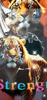 Majestic tiger with cracked glass effect, symbolizing strength and courage.