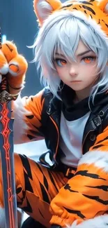 Anime character in tiger costume with sword, vibrant colors.