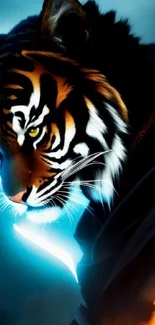 Fierce tiger warrior with glowing eyes in a mystical fantasy setting.