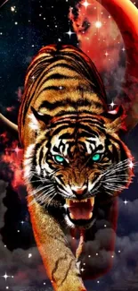 Fierce tiger with glowing eyes against a cosmic moonlit sky.