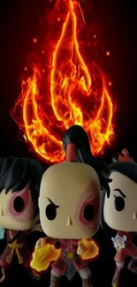 Animated toy figures with fiery backdrop on mobile wallpaper.