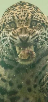 Fierce leopard swimming underwater with intense expression.