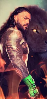 Warrior with tattoos and lion in fire-themed background.