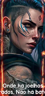 Fierce warrior with vibrant blue hair and intricate tattoos in fantasy art style.