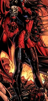 Comic art image of a fierce warrior in red with a dramatic fiery background.