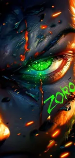 Vibrant warrior eye with green and orange glow.