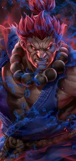 Fierce warrior in electrifying blue and red energy on a mobile wallpaper.