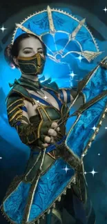 Female warrior in blue armor posing under a mystical glow.