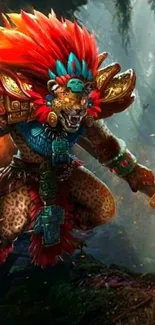 Jungle warrior in vibrant armor with red headdress on mobile wallpaper.