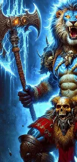 Epic lion warrior with glowing eyes and axe in fantasy art.